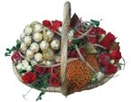 СладкоежкаЭффектная подарочная корзина из красных роз с конфетами Ferrero Rocher<br /><br />Размеры: d - 45 см, h - 35 см